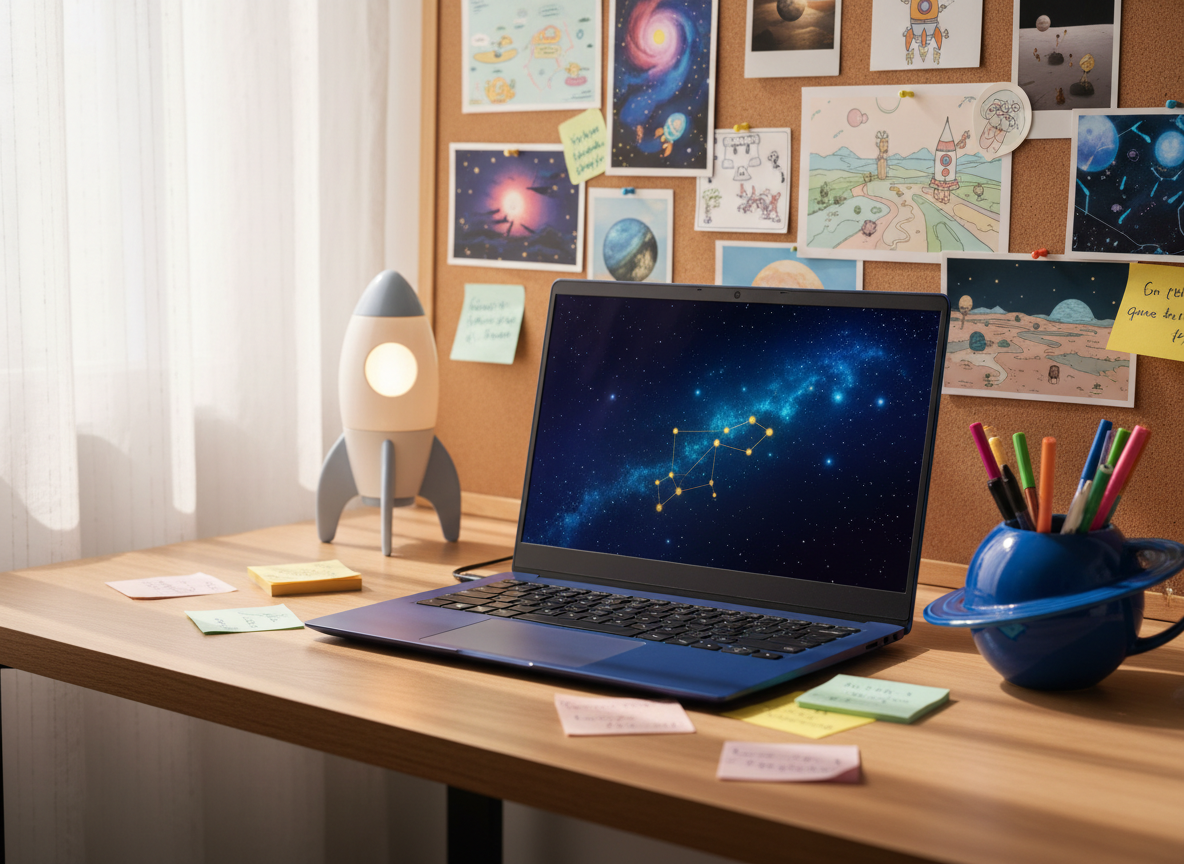 A vibrant, galactic-themed desk setup acts as the heart of a playful personal blog. A sleek, midnight-blue laptop with a glowing constellation wallpaper sits on a light oak desk scattered with colorful sticky notes, a tiny rocket-shaped lamp, and a glossy ceramic planet-shaped mug. Behind, a pinboard bursts with postcards, doodles, and polaroid-sized images of faraway landscapes (no people visible). Soft morning sunlight filters through sheer curtains, creating gentle reflections on the laptop screen and subtle shadows from the objects. Shot from a slightly elevated, three-quarters angle with a shallow depth of field, the foreground crisp and the background softly blurred. The mood is energetic, curious, and inviting, captured in bright photographic realism that feels like a portal into someone’s creative universe.